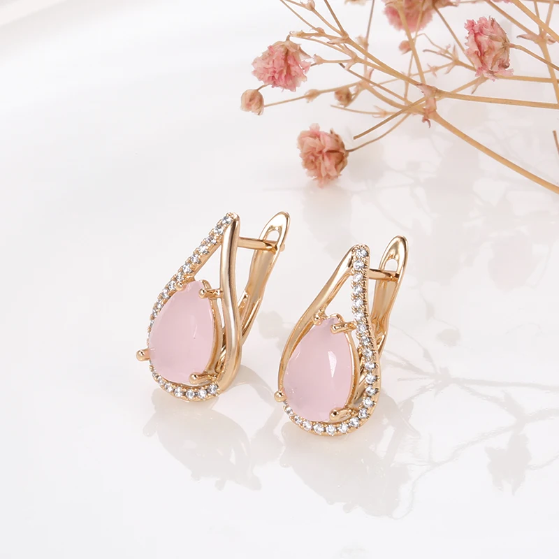 SYOUJYO Pink Natural Zircon Water Drop Earrings For Women 585 Rose Gold Color Exquisite Party Jewelry Anniversary Gift