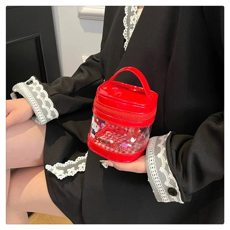 سانريو مرحبا كيتي شفافة دلو حقيبة التخزين حقيبة مستحضرات التجميل أكياس أحمر الشفاه في الهواء الطلق حقائب الموضة Y2k فتاة الملحقات هدية
