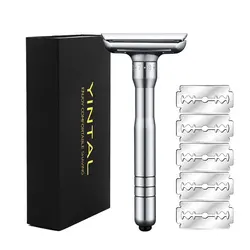 Adjustable Safety Razor Safer Press to Open Blade Replacing System 1 Razor 5 Blades