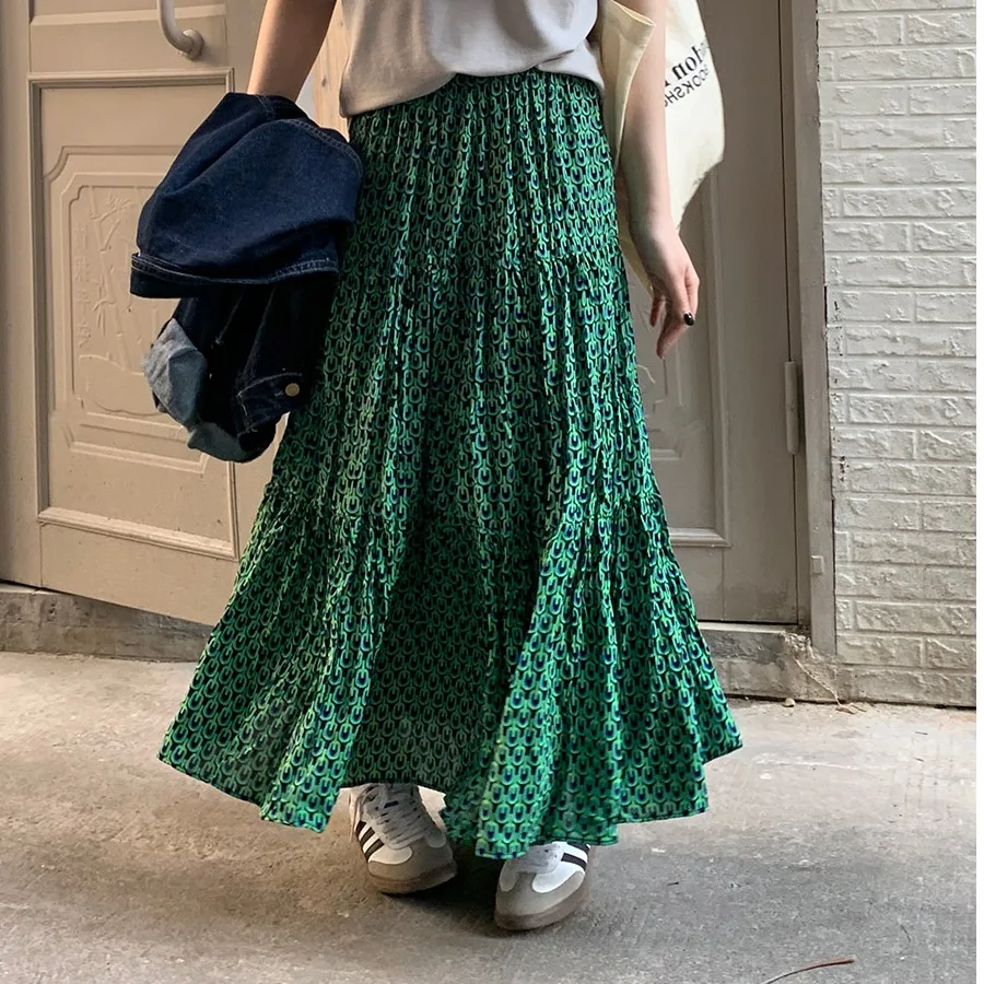 

Floral Print Elastic High Waist A-Line Midi Skirt Women's Spring Summer Korean Sle Long Floor-Length Slimming Skirt