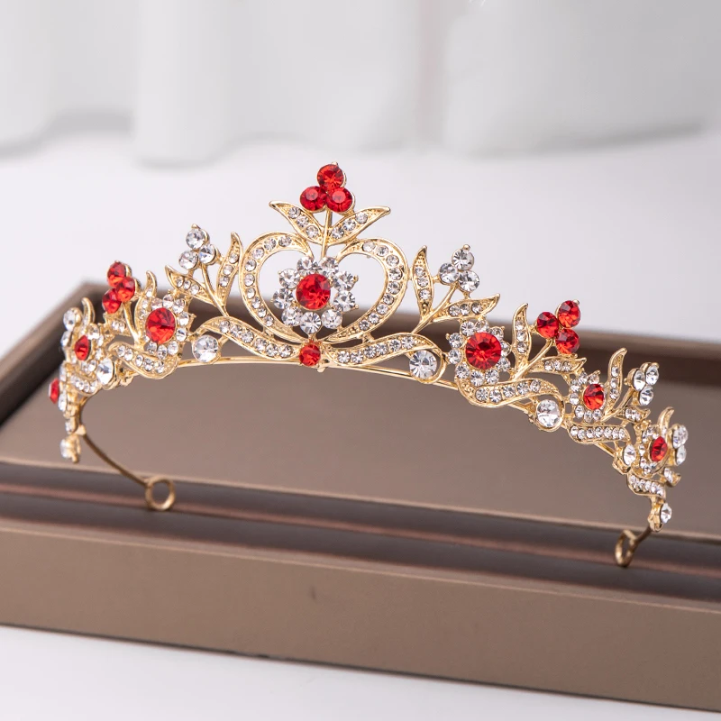 Trendy Gold RedRhinestone Crystal Crown Flower Bridal Hair Accessories Wedding Headpiece Hair ornaments Bride Hair Jewelry crown image 2
