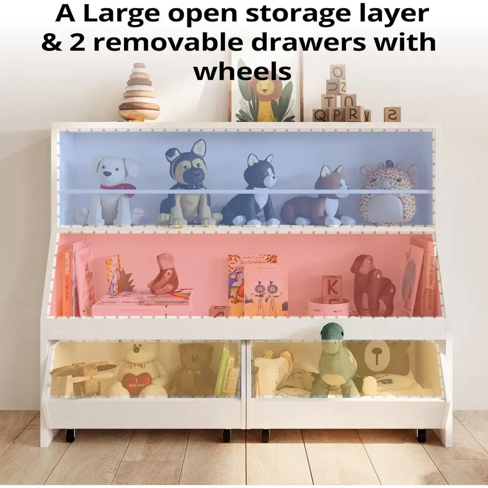 Estantería infantil blanca con 2 cajones ajustables, almacenamiento de juguetes de nivel superior, organizador de sala de juegos