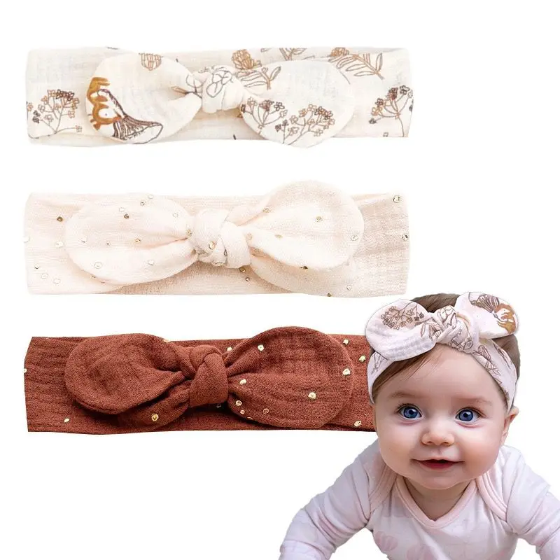 3/4/5pc Gold Stamp Top Knotted Headband Baby Girls Muslin Cotton Bunny Ear Turban Floral Prints Bow Elastic Hairband for Kids