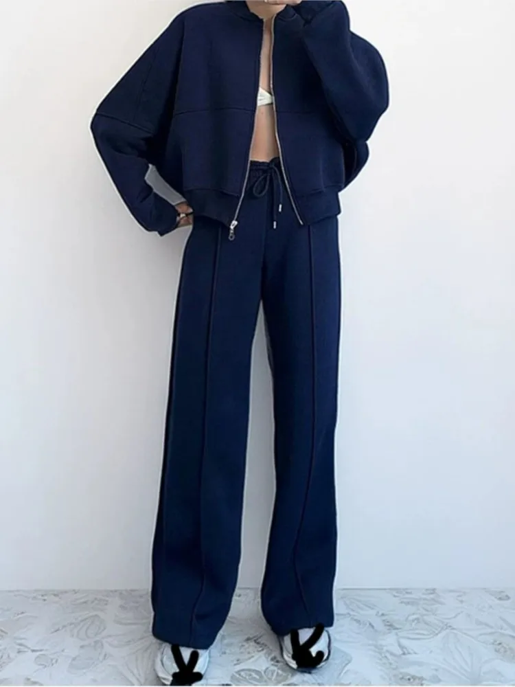 Conjunto deportivo de dos piezas con capucha informal para mujer, Tops de manga larga con cremallera y pantalones de pierna ancha de cintura alta, trajes para mujer para primavera y otoño