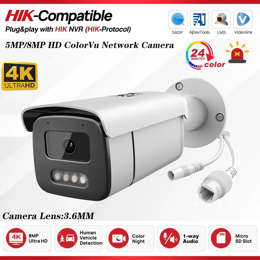 Compatible con Hikvision 4K 5MP 8MP ColorVu cámara IP POE de seguridad micrófono incorporado vigilancia Hik-Protocol 24/7 color en tiempo completo