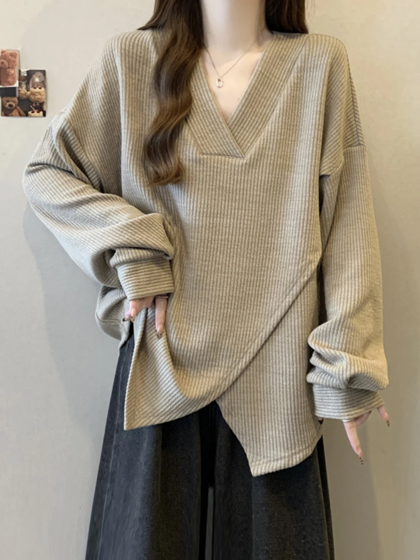 

Корейская женская толстовка с длинным рукавом и V-образным вырезом, больших размеров, приталенная, осенняя, высококачественная базовая модель для повседневной носки