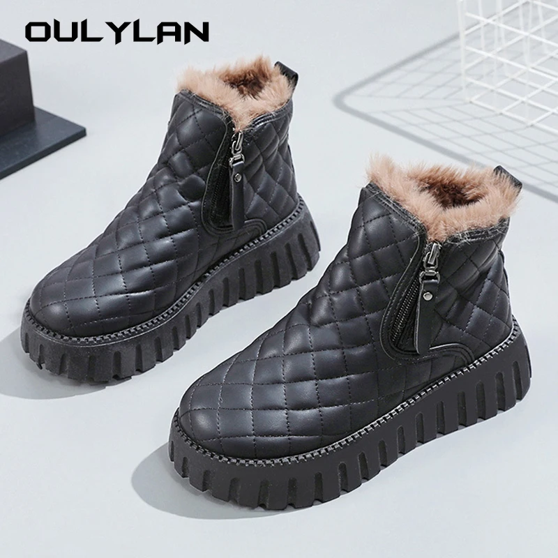 

Oblique Zipper PU Face Women's Snow Boots Winter Plush Women's Boots with Thick Soles Increased Snow Cotton Short Boots