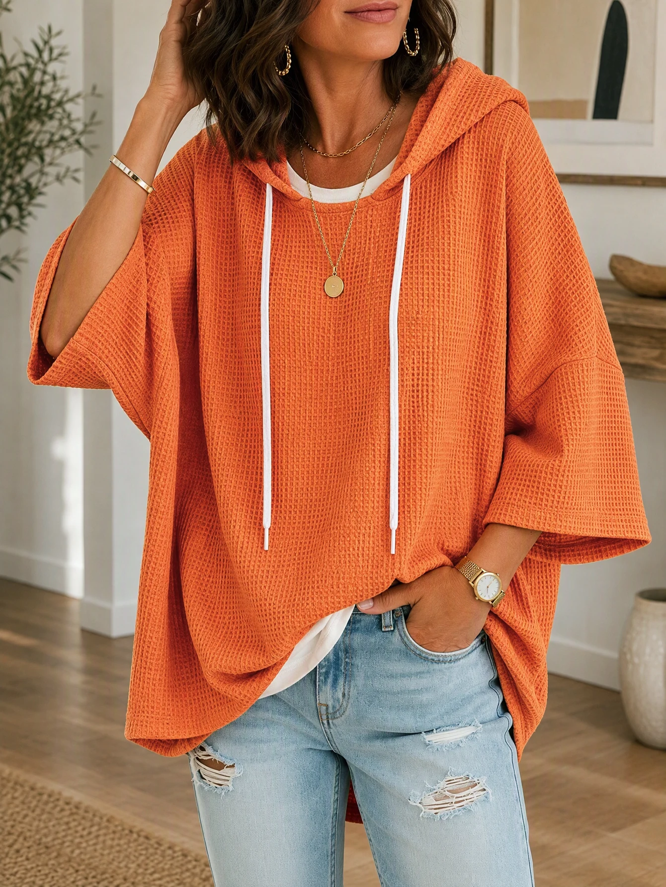 Plus Size Women Solid Waffle Knit Hoodie 3/4 Sleeve Drawstring Loose Casual Oversized Pullover Hooded Top image 4