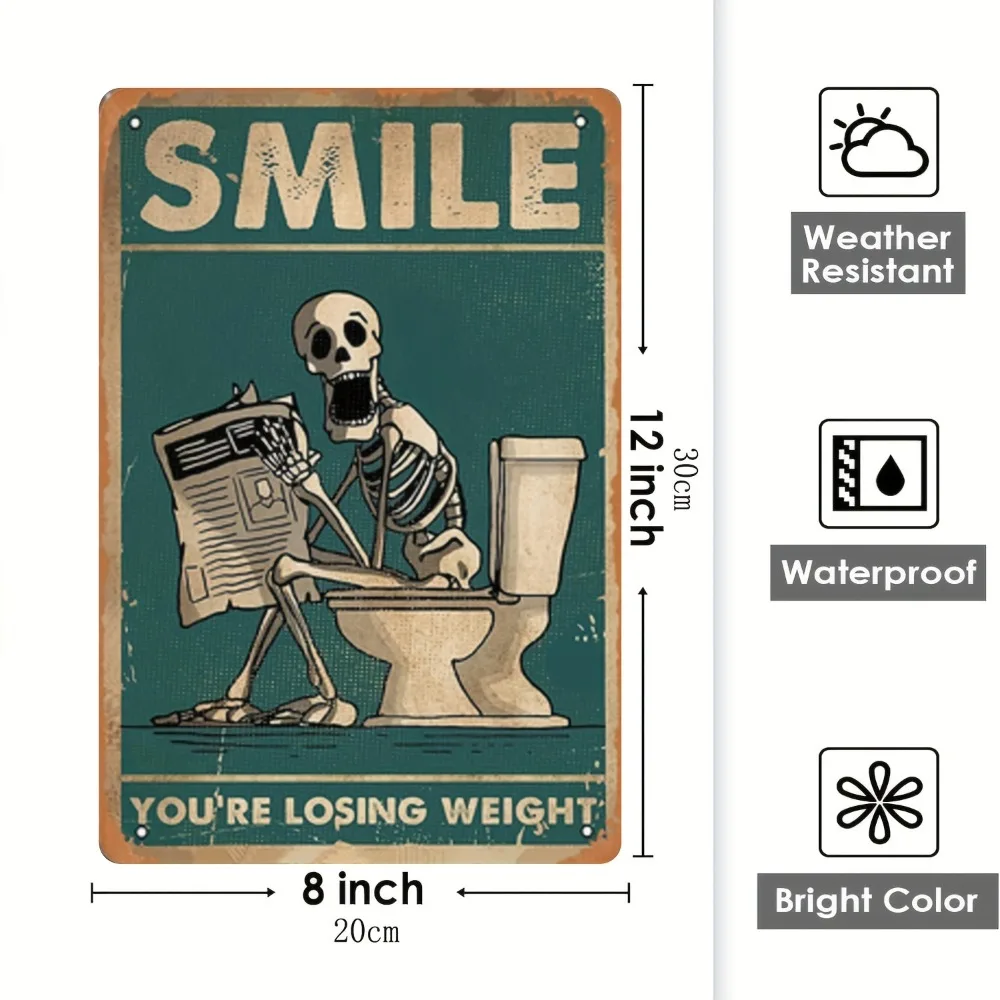 Funny Skeleton Bathroom Metal Wall Sign, Humor Toilet Decor with Retro Newspaper Reading Design
