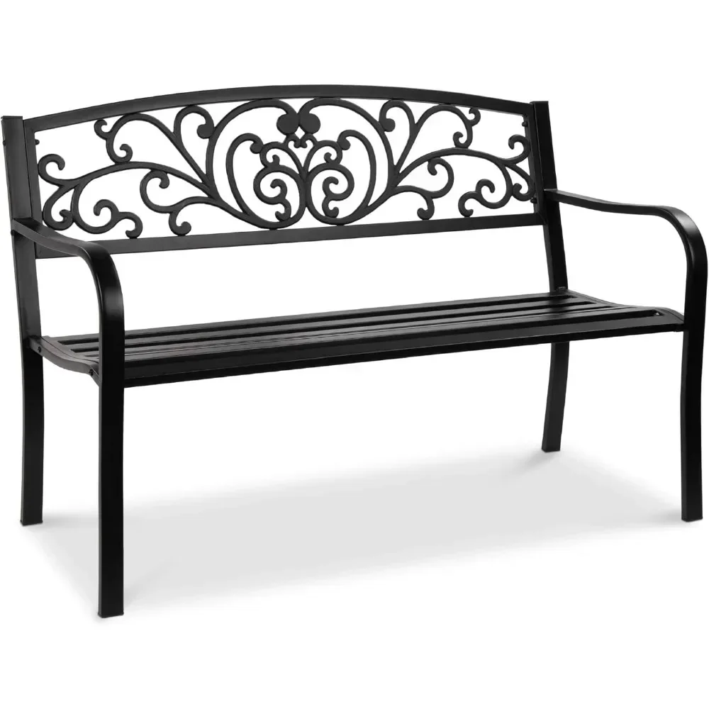 Outdoor steel garden bench, floral design backrest, slatted seat, for patio, porch, or deck