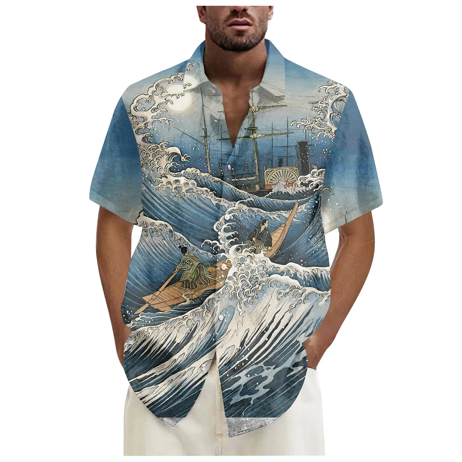 Summer 2024 Retro Beach Wave Print Men's Short sleeved Shirt Hawaiian Shirt Casual Fashion Top