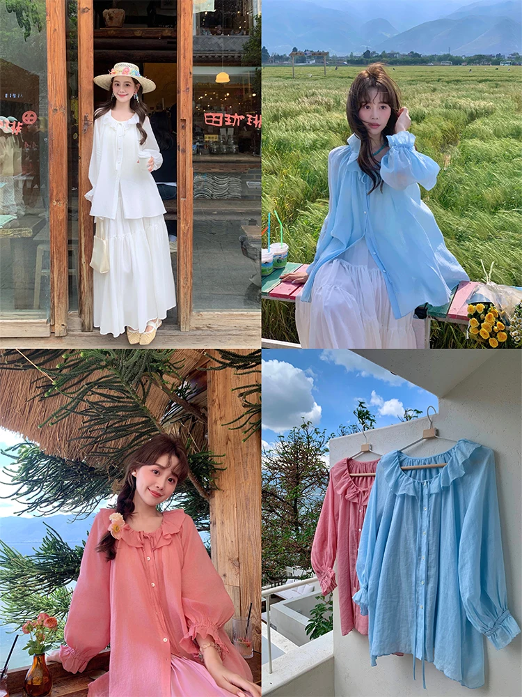 

Zhaoyao Meixi Summer Sun Protection irt Women's Loose Fit Long Sve Button up Collar with Belt New 2025 Sweet Sle