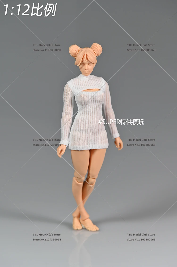 In Stock 1/12 Scale Female Soldier Long Knit Dress Slim Round Neck Solid Color Open Chest Sweater Fit 6inch Action Figure Doll