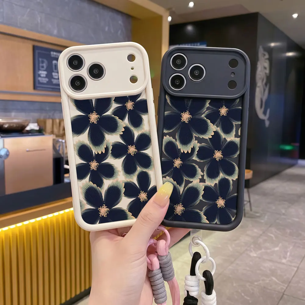Navy Flower Wrist Strap Soft Phone Case For Samsung Galaxy S26 S25 Ultra S22 S24 S23 Plus A56 A36 A54 A16 A55 Lens Lanyard Cover