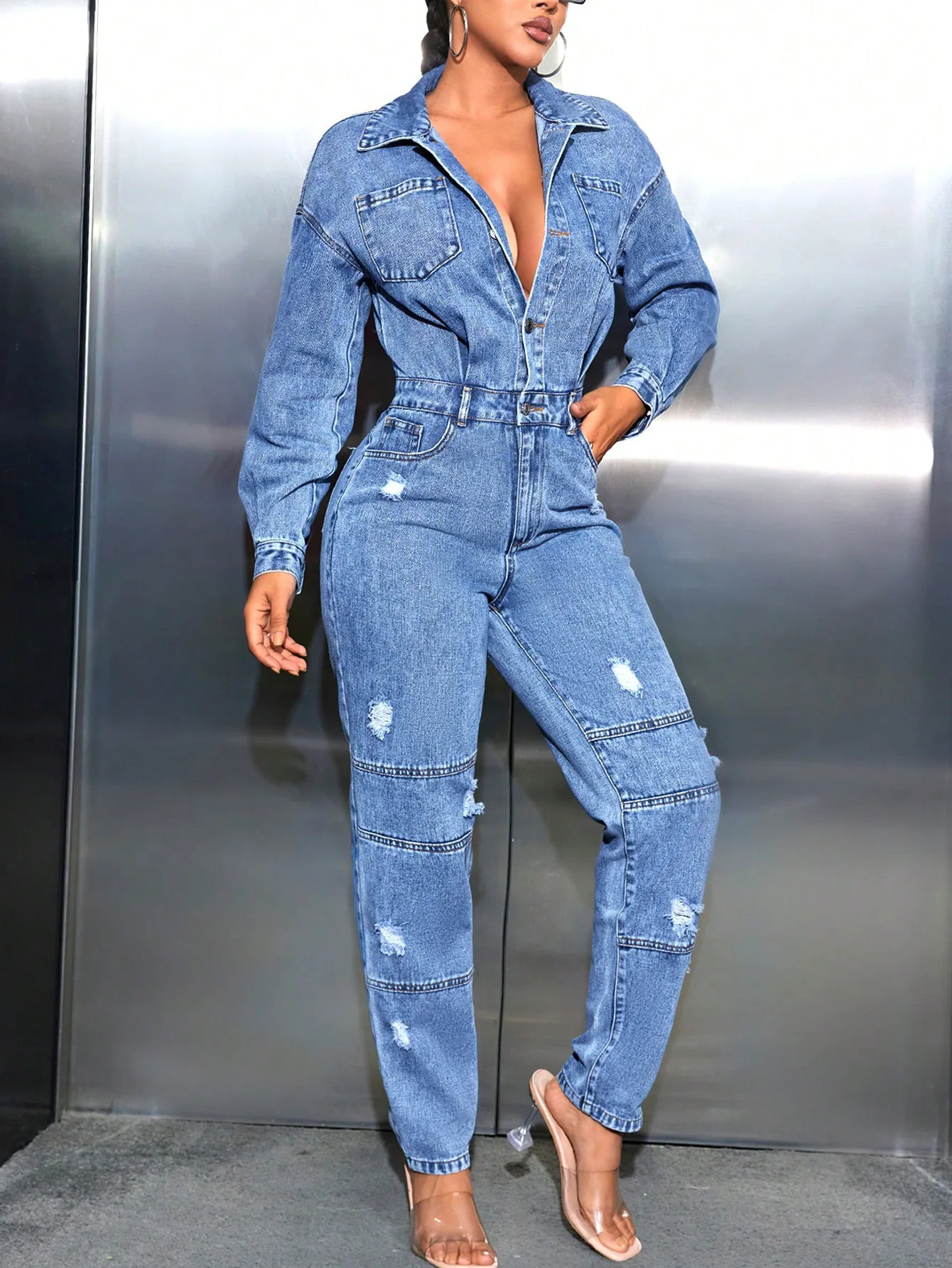 Women Jumpsuit Fall Winter Streetwear Casual Long Sleeved Slim Ripped Denim Jumpsuit Fashion High Waist Straight Jeans Jumpsuit