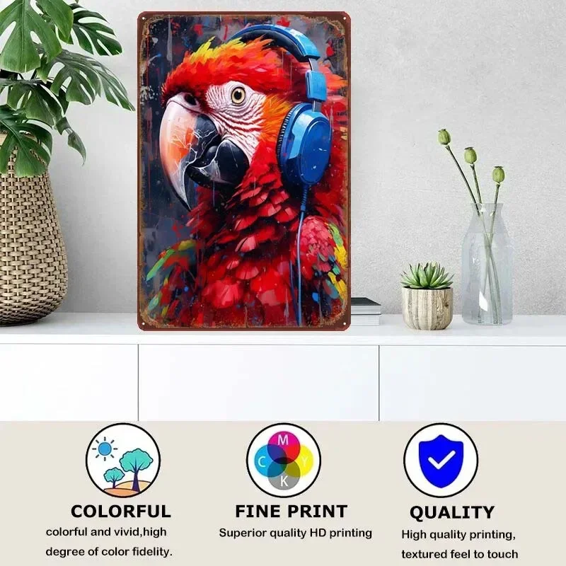 Macaw With Headphones Room Decoration Vintage Metal Tin Signs for Coffee Bar Garage Game Room Wall Art Decoration Retro Poster