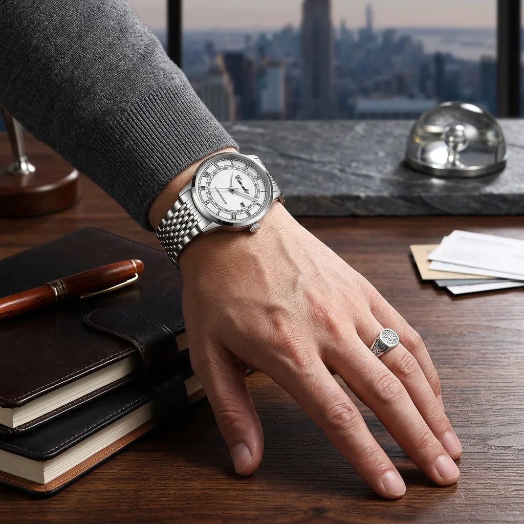 CILOA-Men Silver Watch White Dial Roman Numerals World Time Zones Stainless Steel Strap Business Quartz Wrist Watch-C16