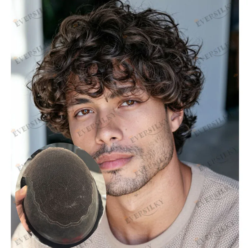 Baldness European Man Virgin Human Hair 28mm Loose Curly Brown Black Gray Hair Prosthesis System Capillary Breathable Men Toupee