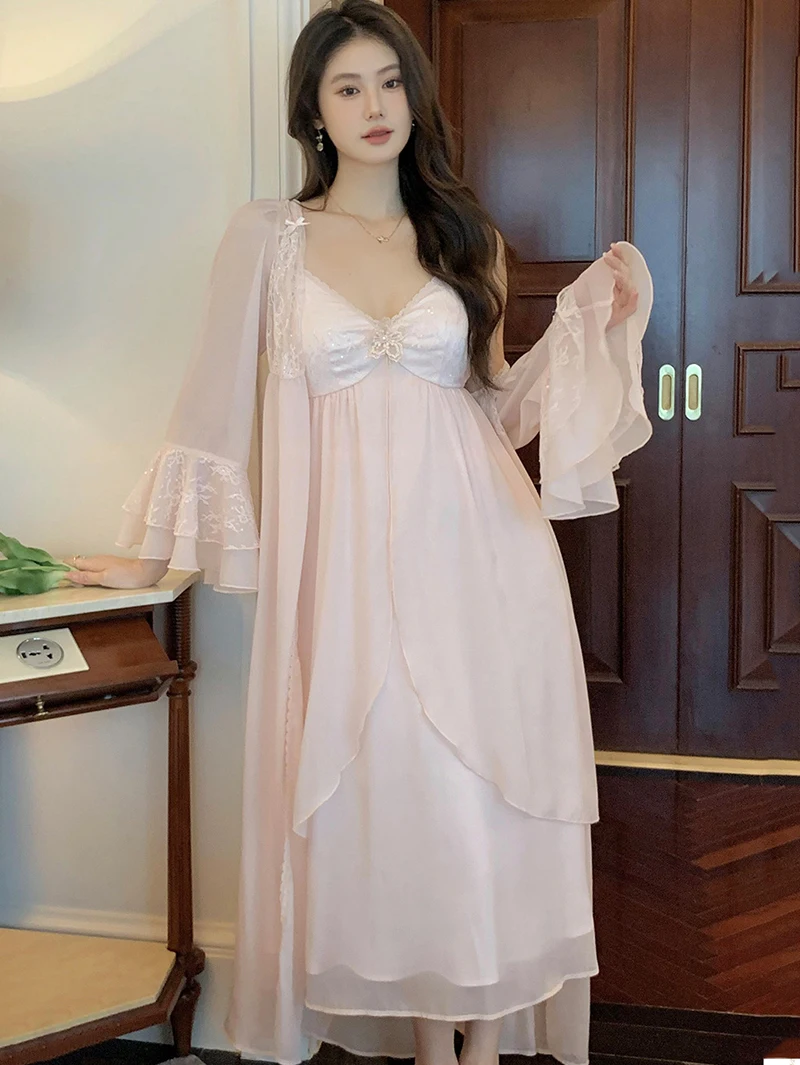 French Sexy Robe Fairy Nightgown Two-piece Set for Women Spring Chiffon Mesh Vintage Princess Pajama Sleepwear Home Clothing