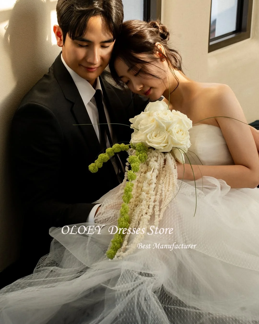 OLOEY ง่าย Tulle Tiered Ruffles คลาสสิกเกาหลีชุดแต่งงาน A-Line อย่างเป็นทางการชุด Vestidos De Novia ที่กําหนดเองชุดเจ้าสาว