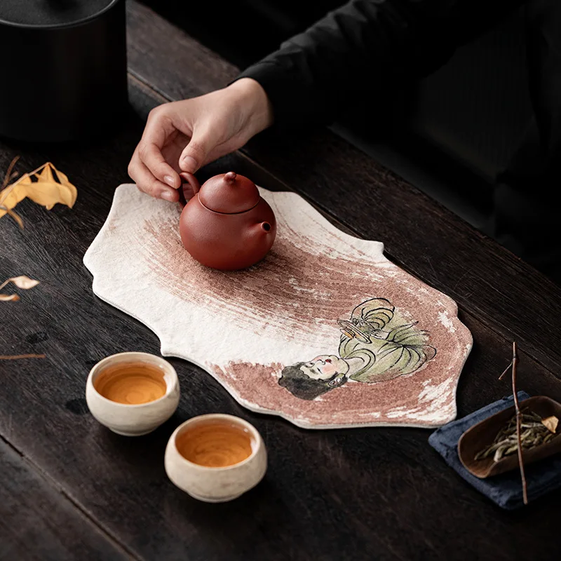 Hand Drawn Persimmon Dyed Zen Style Waterproof Dry Tea Mat Ancient Painting Tea Cloth Tea Ceremony Table Runner