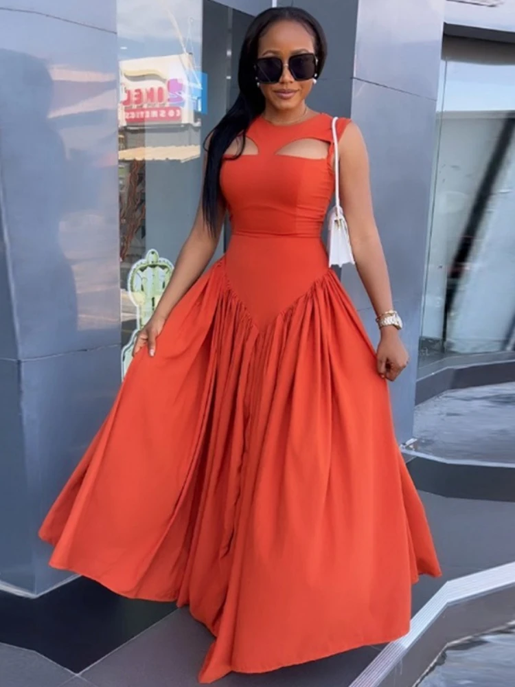 فساتين AOMEI أنيقة برقبة دائرية وأحمر برتقالي بقصة ضيقة للنساء لصيف 2025 على شكل حرف A بطول الأرض فستان إمبراطوري بدون أكمام #3