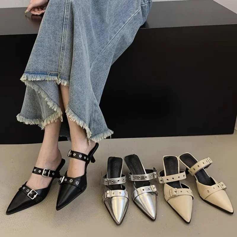 2024 New Arrival Summer Fashion Pointed Toe Stud Women\'s Pumps Solid Color Sexy Elegant Fashion Slippers Comfortable High Heels