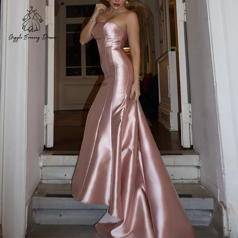 Erröten Rosa Saudi Arabische Meerjungfrau Abendkleider Trägerloses Satin Einfaches formelles Kleid Elegantes bodenlanges Abschlussball-Partykleid Maßgeschneidert