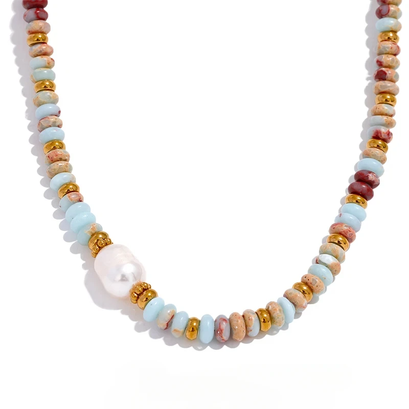 

TUES Trendy Natural Stone Freshwater Pearl Collar Chain Necklace Stainless Steel Handmade Stylish Beads Jewelry Bijoux Gift