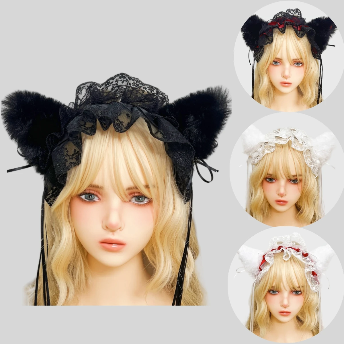 

Halloween Gothic Cosplay Hair Hoop Lolita Kawaii Plush Cat Ears Maid Women Girl's Ruffles Lace Headband Hair Accessories