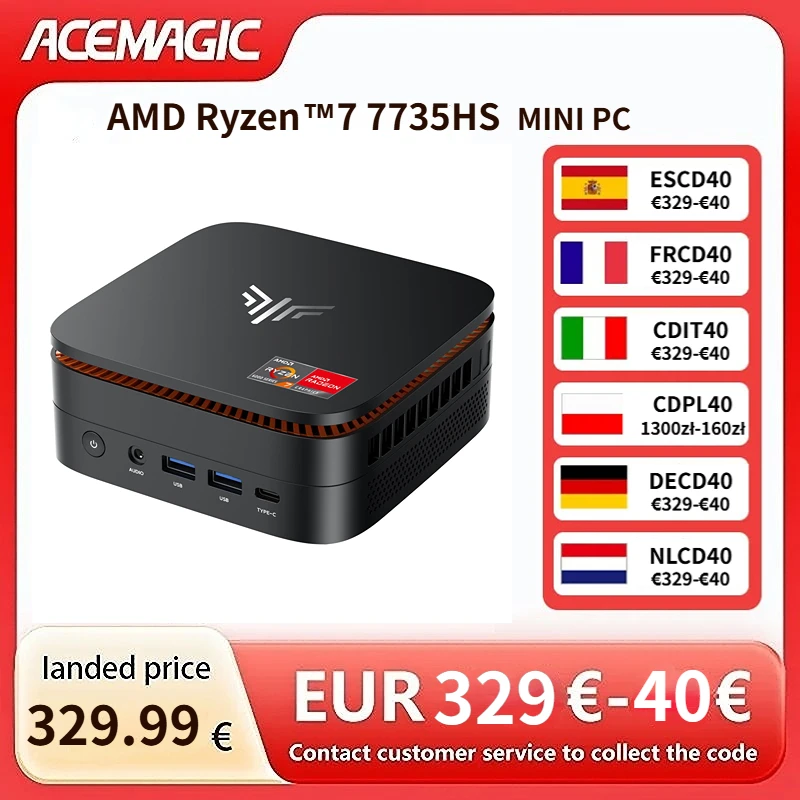 Mini PC ACEMAGIC AMD Ryzen 7 7735HS para Juegos, 8 Núcleos, 16 Subprocesos, 16GB LPDDR5 5500MHz, 512GB NVMe SSD, 4K Triple Pantalla, WiFi