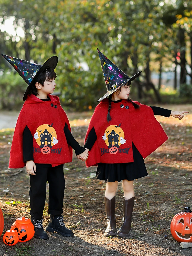 Robe magique d'halloween pour garçons et filles, tenue de sorcière chauve-souris rouge, vêtements de spectacle sur scène tendance, nouvelle collection