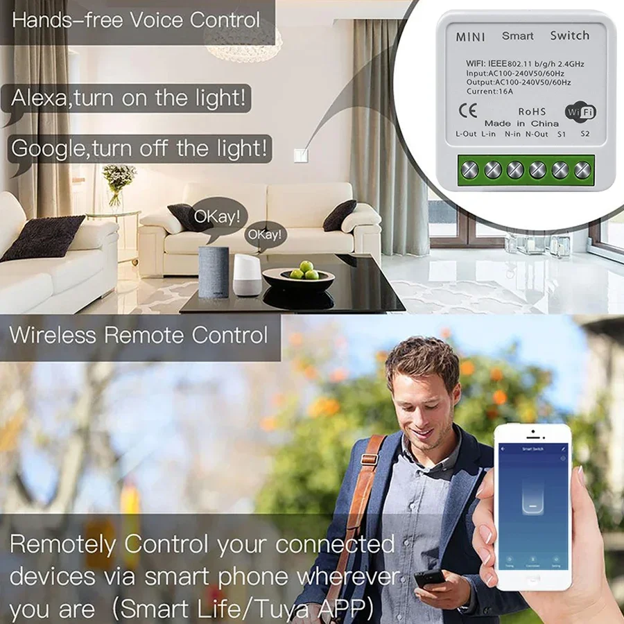 16A 20A Tuya WiFi Smart Switch RF 433Mhz Auto Module Smart Life APP 2-Way Control  Alexa Google Assistant Voice Control