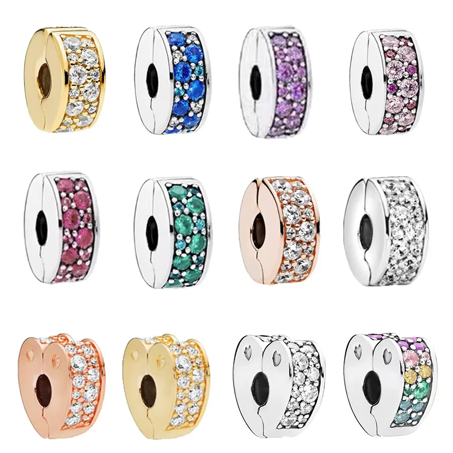 Hot Sale Colourful Heart Pavé Clip Charm Bead Fit Original 925 Sterling Silver Bracelet DIY Women Fashion Jewelry Gift