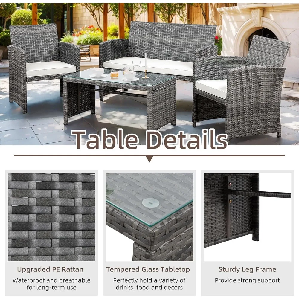 4 Piece Patio Ratten Set Outdoor Furniture Set Wicker Conversation Set with Cushions and Tempered Glass Tabletop,Beige