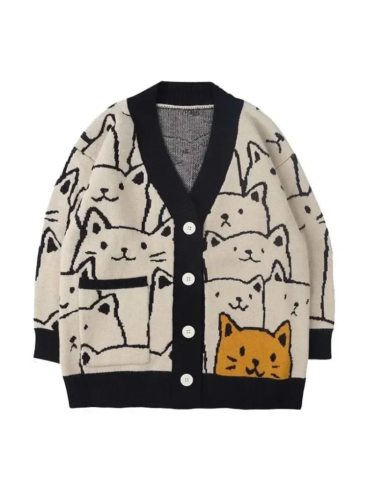 

Harajuku Cartoon Cat Cardigan Sweater Men Streetwear Pattern College Knitwear Casual Knitted Japanese Knit Jacket Women Unisex