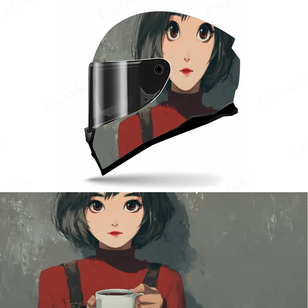 

Художественная милая аниме-девушка с кофе, полная наклейка на шлем, мотоциклетный шлем, гоночная графическая наклейка, виниловая наклейка на шлем