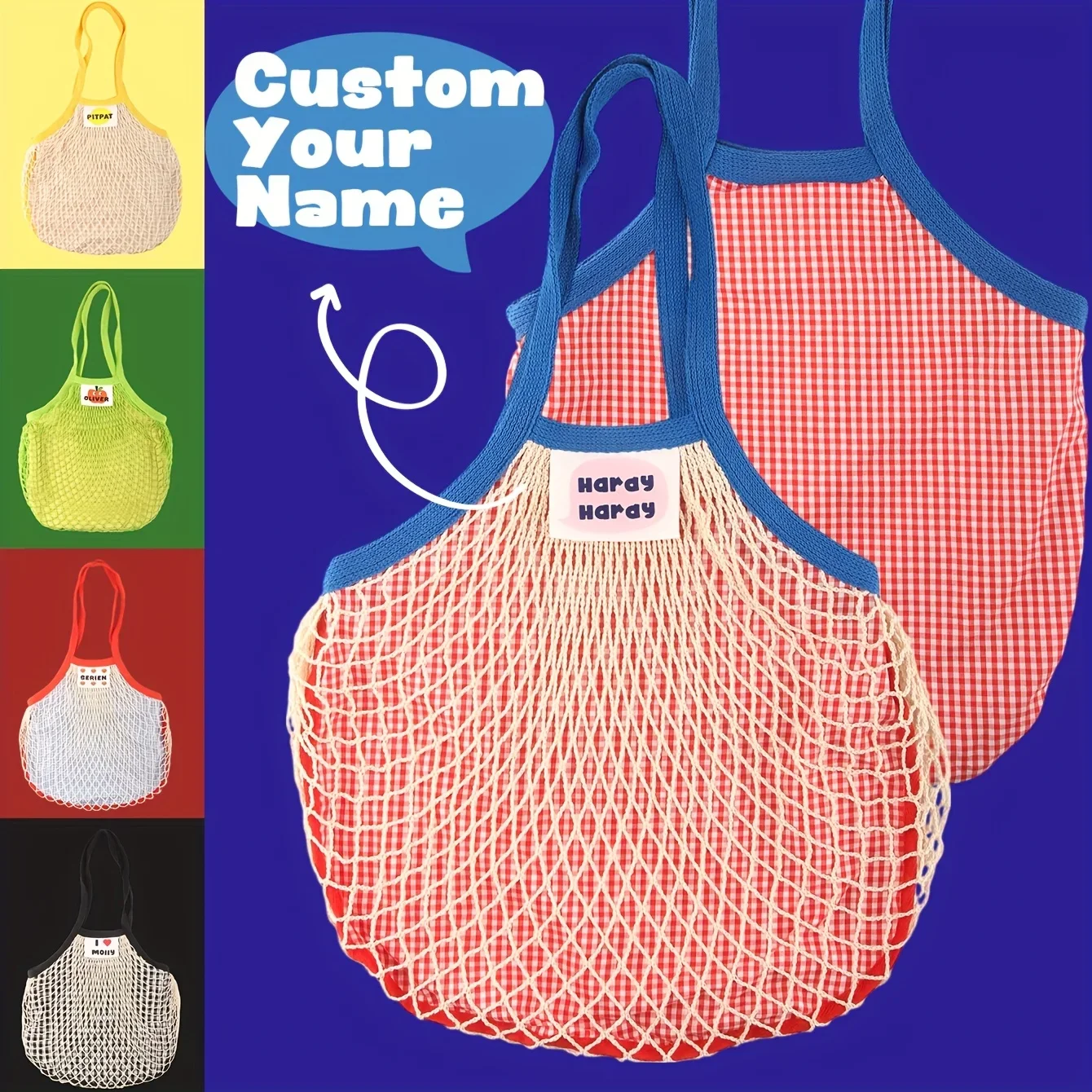 Wiederverwendbare Baumwoll-Netztasche mit individuellem Namen, Einkaufstasche, Fischnetz-Tasche, Schildkröten-Tasche, Aufbewahrungstasche, Handtasche, gewebte Netztasche, Umweltschutz