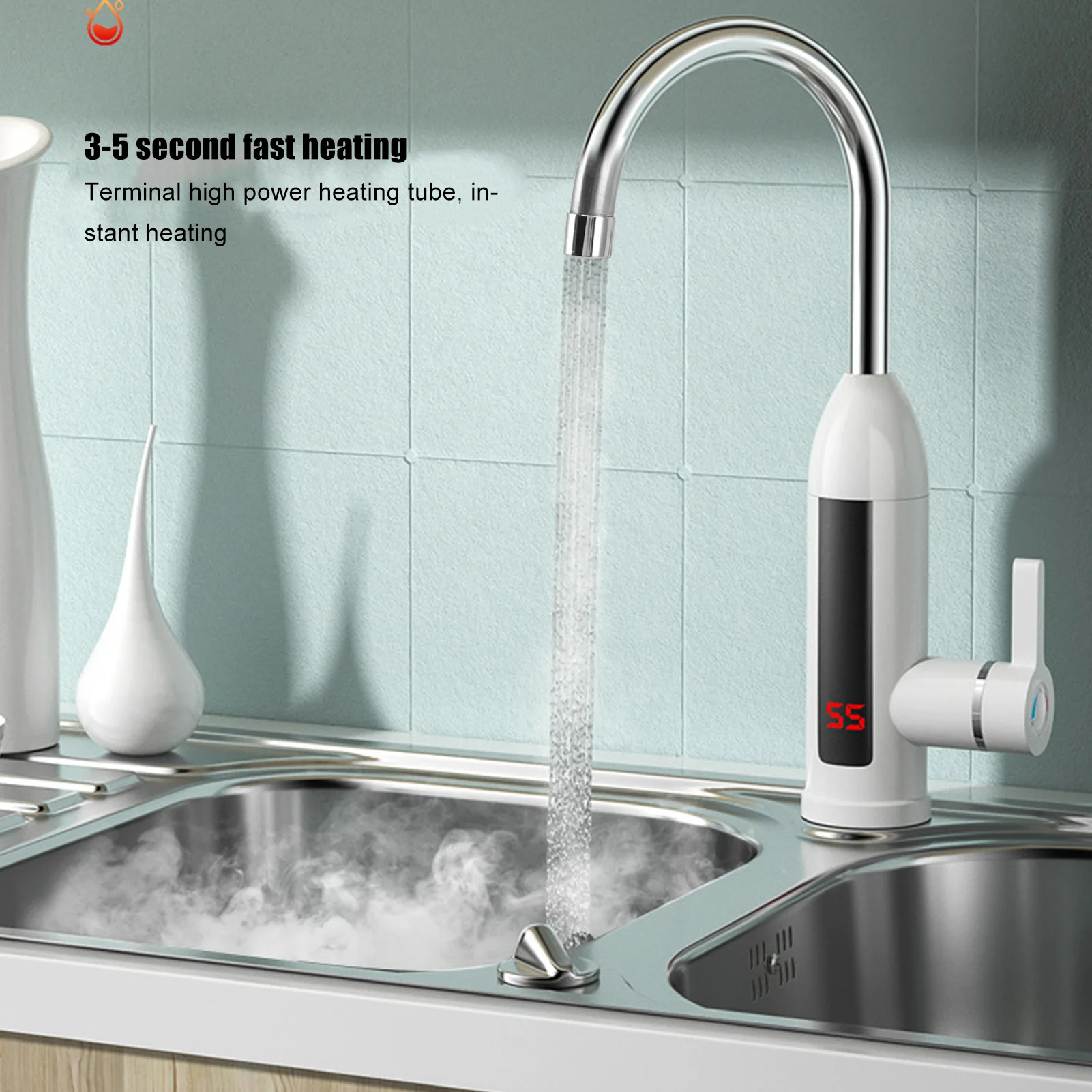 3000W Instant Water Heater Faucet IPX4 ABS Tankless Stainless Steel Kitchen Heating Tap for Home