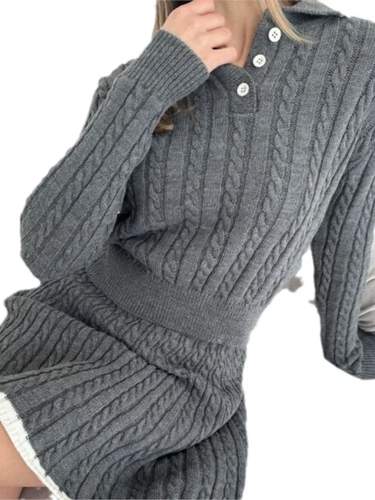 New Women Solid Knitted Skirts Two Piece Set Autumn Winter Long Sleeve Lapel Buttons Knitting Sweater Short Skirt 2 Piece Sets