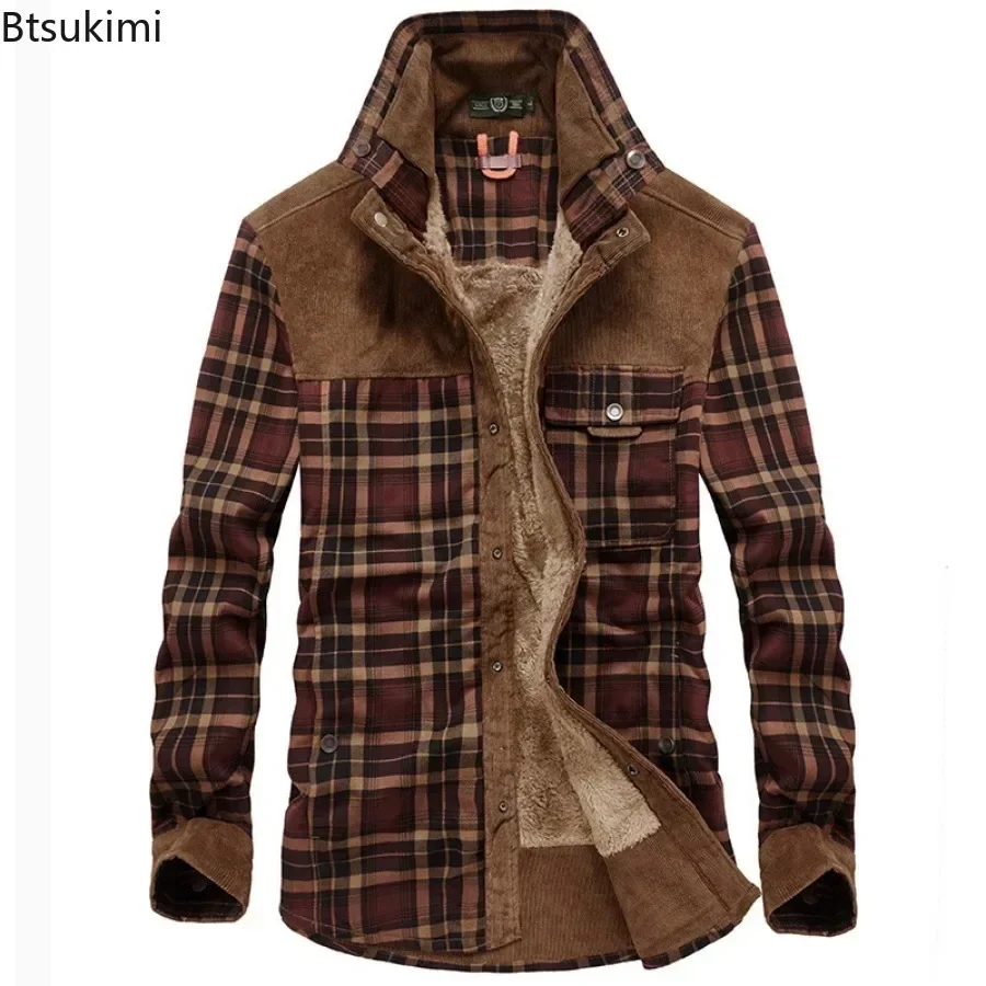 2024 Men\'s Winter Warm Shirts Coats 100% Cotton Plaid Thickened Fleece Jacket Fashion Windproof Stand Collar Shirt Jacket Men