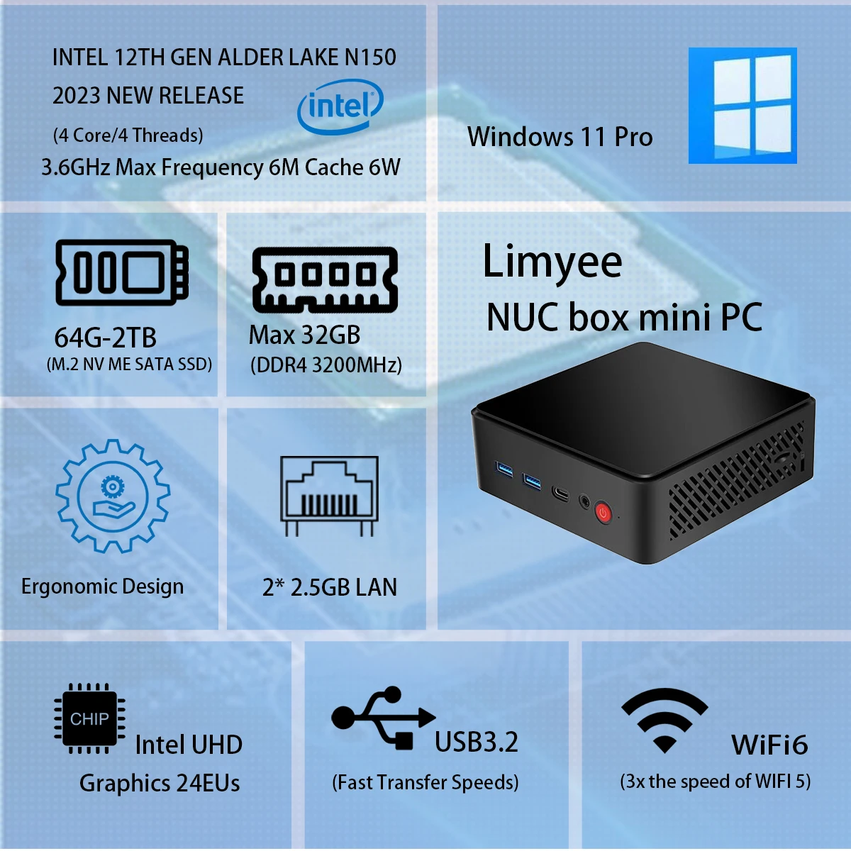 Mini PC Intel Alder Lake N150 Mini Desktop Gaming Computer Portable NUC BOX Computer 4-Core 4-thread 2.5G Lan SSD