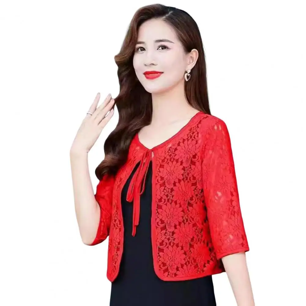 Hollow Out Lace Cardigan Floral Embroidered Lace-up Shawl Coat for Women Three Quarter Sleeve Hollow Out Jacket with Sun