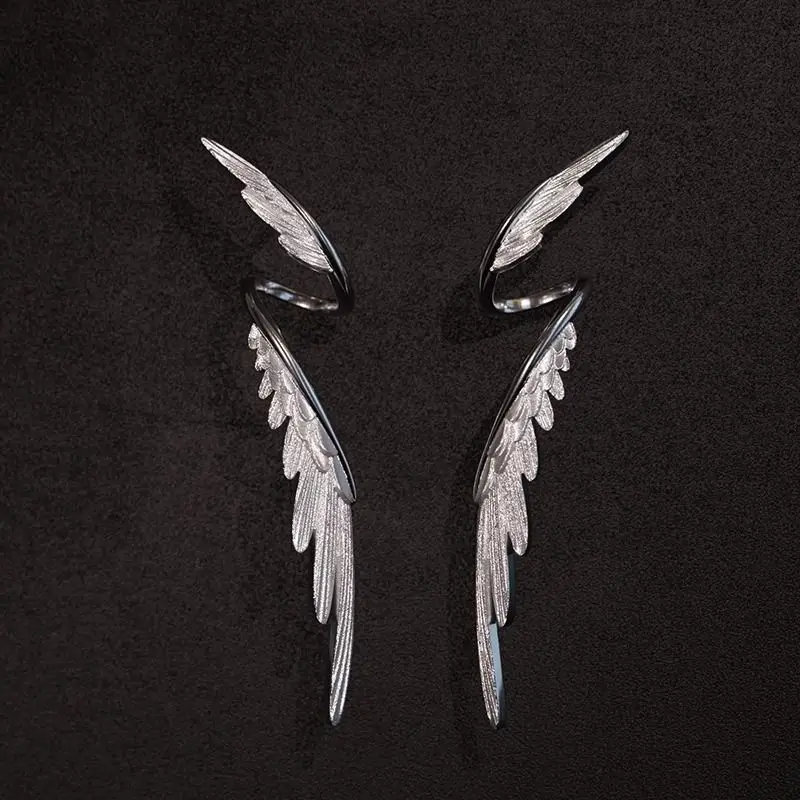 1 Pair Simple Alloy Long Wing Stud Temperament Earrings Silver Wings Shape Elf Ear Cuff Earrings Jewelry Accessories Gifts
