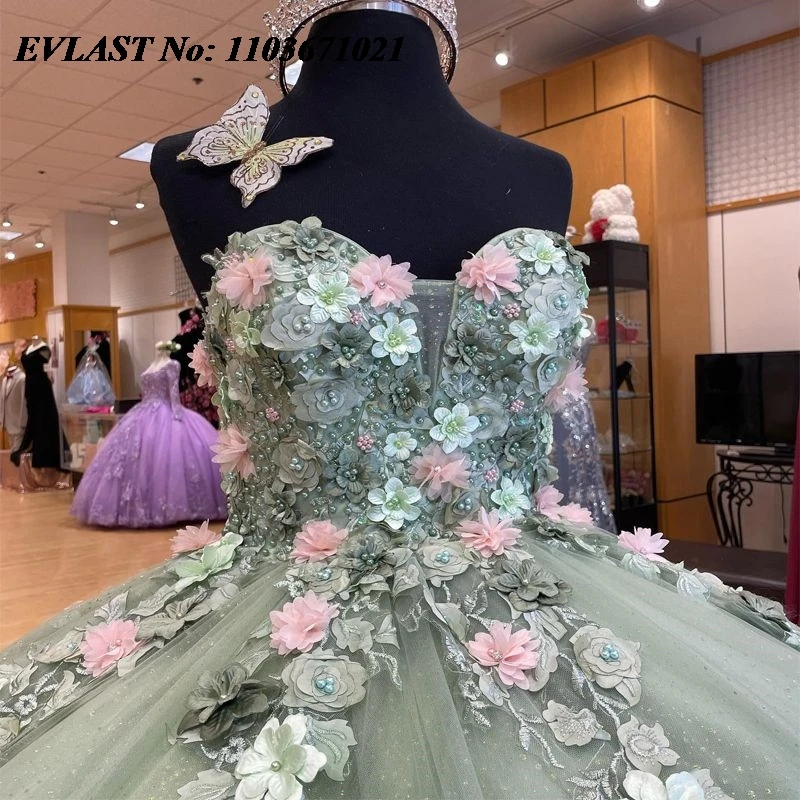 EVLAST-Vestido Quinceanera Verde Mint Brilhante, Vestido de baile, Applique Flores 3D, Beading Espartilho, Sweet 16, SQ28, Rosa