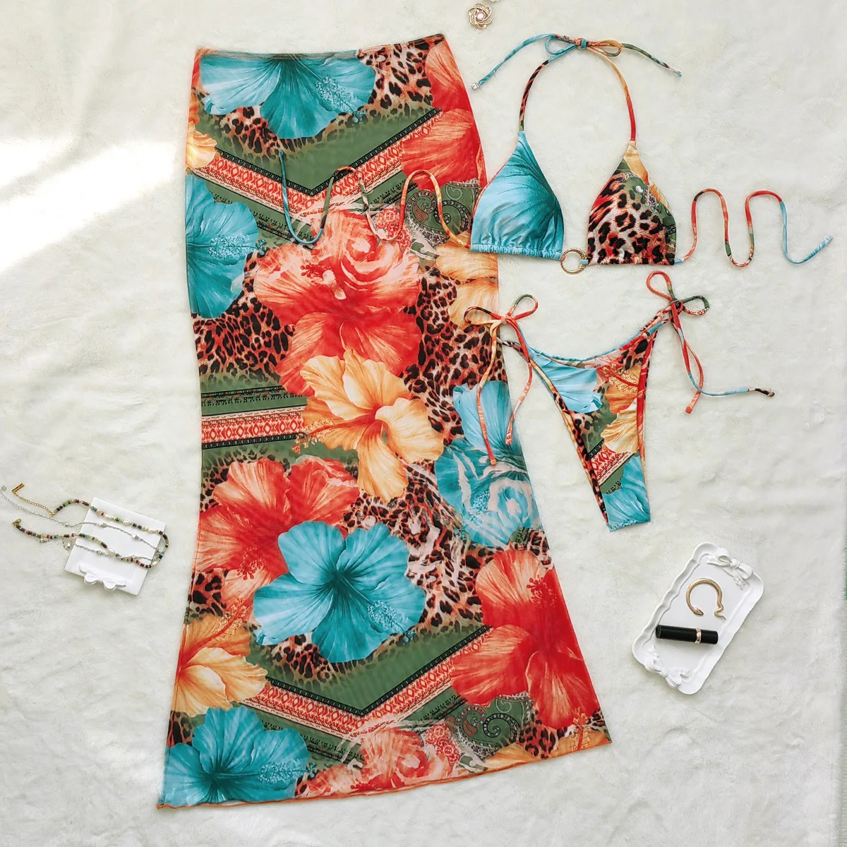 Sexy imprimé léopard micro bikinis ensembles trois pièces avec jupe longue dos floral cravate maillot de bain maillots de bain vêtements de plage maillots de bain