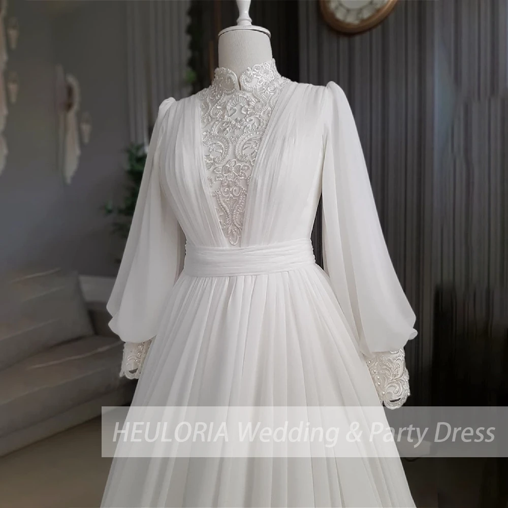 elegant heavy lace beading Muslim Wedding Dress long sleeve high neck chiffon bride dress plus size bride Wedding Gown