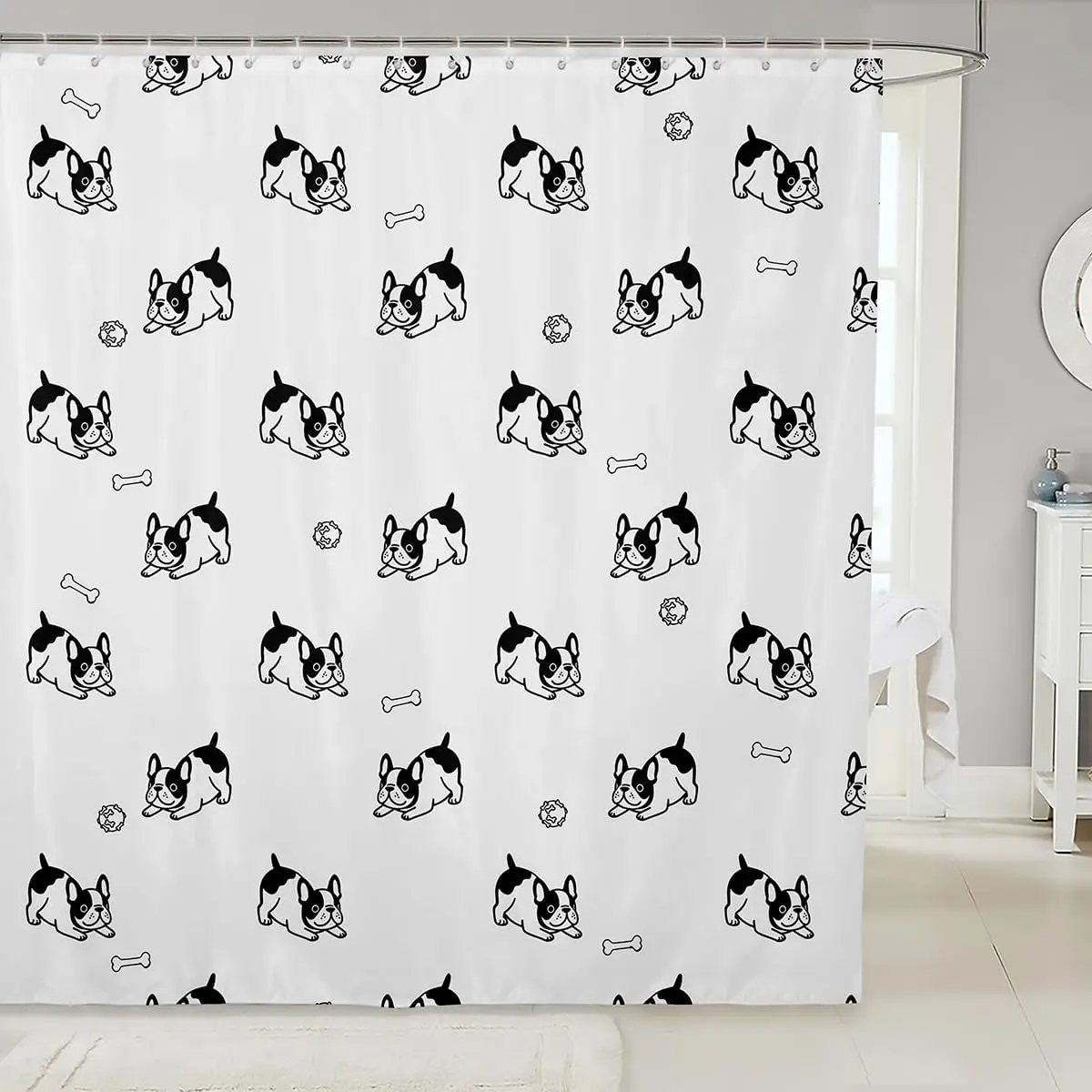 

Занавеска для душа с французским бульдогом, собака, черный, белый цвет, дизайн, декор для любителей домашних животных, нижнее белье для ванной комнаты 180x230