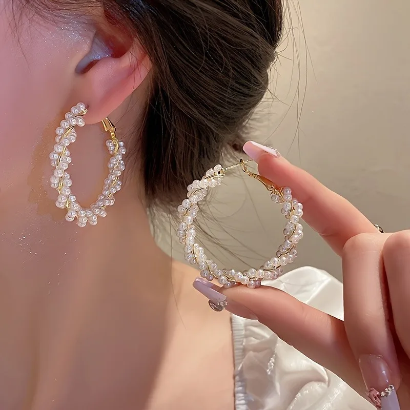 Luxury Female Big Round Hoop Earrings for Women Imitation Pearl Earrings Trendy Fashion Wedding Jewelry Gifts