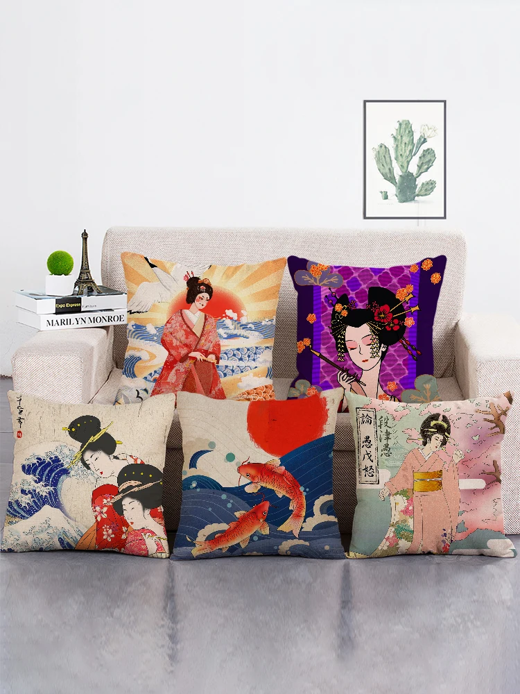 

Japanese Ukiyo Style Decorative Cushion Cover Retro Japanese Ladies Fuji Mountain Ocean Waves Printed Throw Pillow Case